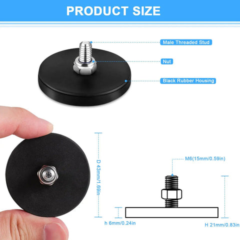 Diagram showing Six Pack Black Rubber Coated Neodymium Magnets With 31 Lbs Pull, M6 Threaded Studs Base dimensions and components