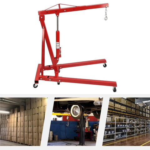 Heavy Duty 2 Ton Hydraulic Engine Hoist Folding Cherry Picker Shop Crane With Smooth Hand Pump And Rock Solid Build, red frame and wheels.