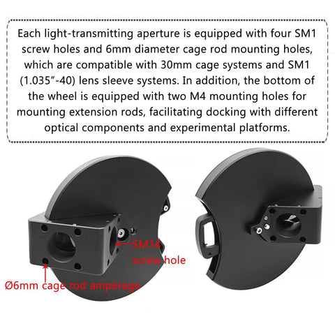 Five-Position Dichroic Filter Wheel For Telescopes With Slim Cage Design Under 1.1mm showing mounting holes and rod support.
