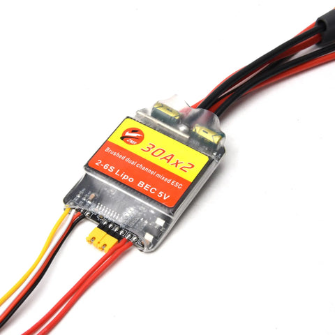 Dual 30A Brushed ESCs For 2 To 6S RC Vehicles Bidirectional Control with PWM input and superior heat dissipation, close-up view.