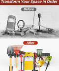 Before and after of garage showing 48-Inch Wall Mounted Garage Tool Organizer With 8 Hooks, Heavy Duty Metal Storage Rack in use.