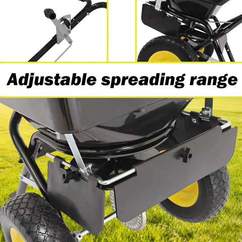Walk Behind Broadcast Spreader With 100 Pound Hopper And 0 To 9.8 Feet Spreading Width, 13 Inch All Terrain Solid Tires, close-up view
