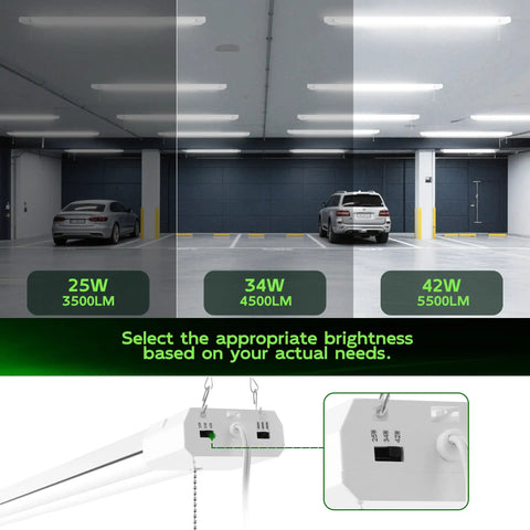 Garage installation of 4 Foot LED Shop Light With Reflector For Garage Tasks, 3CCT Selectable 4000K 5000K 6500K, 5500LM, Adjustable Watts 25W/34W/42W