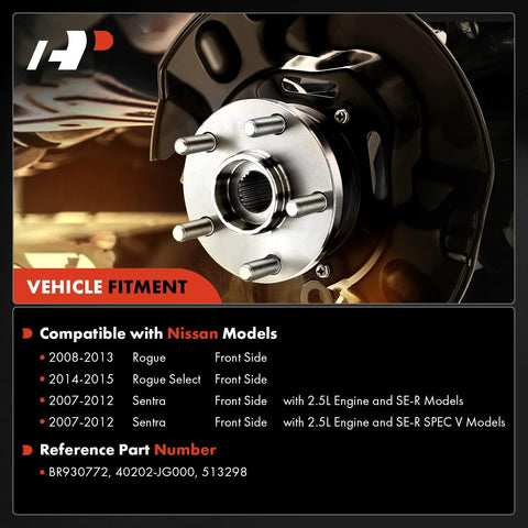 Close-up of a Front Wheel Bearing And Hub Assembly For Nissan Rogue 2008-2013 And Rogue Select 2014-2015 And Sentra 2007-2012 2.5L 5-Lug Bolt Pattern Replacement Hub With Durable Ball Bearing