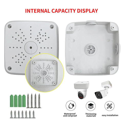 Rugged All Weather Ready Rainproof Dustproof Junction Box For Outdoor And Indoor Projects With Security Camera Bracket Pack Of 3 115 x 115 x 50mm Universal Electrical Enclosure showing internal layout and accessories