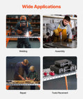 Solid Gear Foldable Welding Table 44 X 21 Inch Carbon Steel Workbench With Five Hundred Pound Load Capacity And Four Level Adjustable Height No Sweat Folding Design Rock Solid Assembly Station For Garage Build Crews shown in welding, assembly, repair, and tools placement applications.