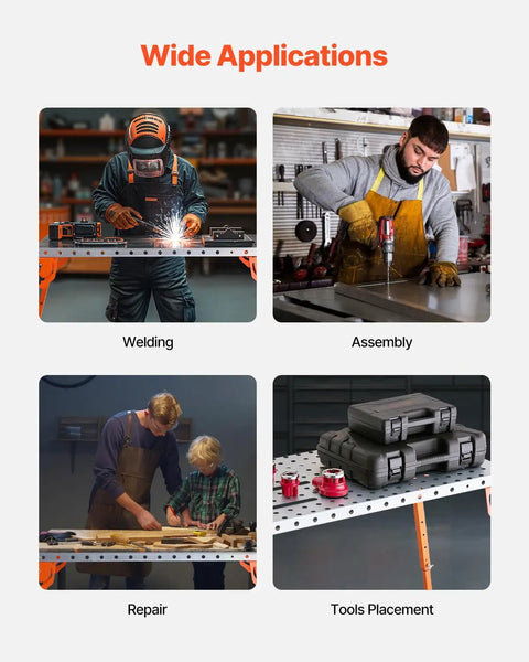 Solid Gear Foldable Welding Table 44 X 21 Inch Carbon Steel Workbench With Five Hundred Pound Load Capacity And Four Level Adjustable Height No Sweat Folding Design Rock Solid Assembly Station For Garage Build Crews shown in welding, assembly, repair, and tools placement applications.