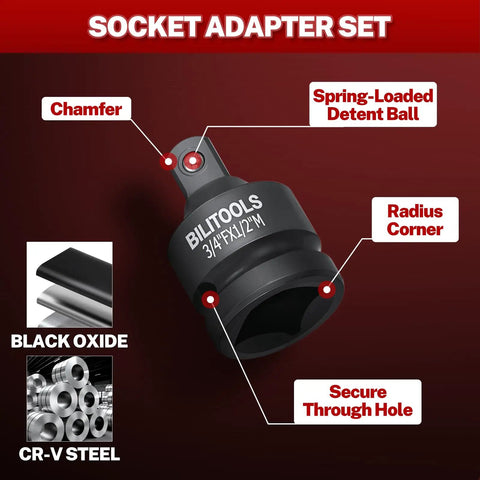 17 Piece Socket Adapter Set With Reducers And Universal Joint, Impact Drill Adapters For One Quarter, Three Eighths And One Half Inch Drives, Includes Multiple Female To Male Adapters For Quick No Fuss Projects showing socket adapter with black oxide and secure through hole.