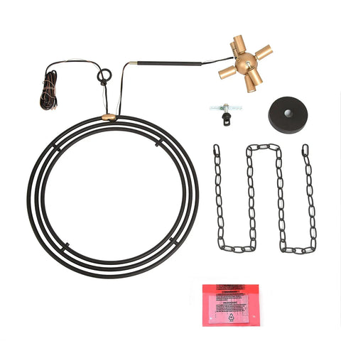 Six Light Mid Century Modern Orb Chandelier in Matte Black with Dark Gold Finishes parts and installation kit layout
