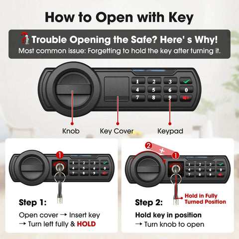 Instructions for opening 1.2 Cu Ft Fireproof Digital Safe With Keypad And Key Backup Includes Fireproof Bag For Documents Cash And Valuables Built From Heavy Duty Steel With Pry Resistant Concealed Hinges And Thick Door That Keeps Your Stuff Safe using the key and knob.