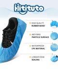 Blue CPE shoe cover on sneaker showing features: rubber band, particle surface, waterproof material, sealing edge. Disposable Non Slip Indoor Shoe Covers Waterproof CPE Booties 50 Pairs Large Fits US Men 11 And Women 13 Blue Tear Resistant For Lab Home Use Easy On And Off Design.