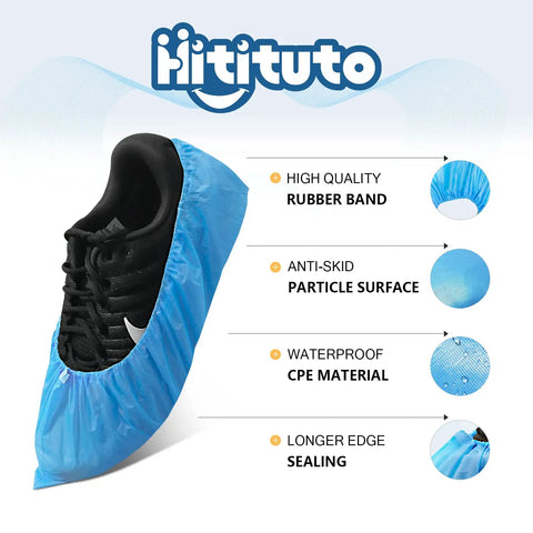 Blue CPE shoe cover on sneaker showing features: rubber band, particle surface, waterproof material, sealing edge. Disposable Non Slip Indoor Shoe Covers Waterproof CPE Booties 50 Pairs Large Fits US Men 11 And Women 13 Blue Tear Resistant For Lab Home Use Easy On And Off Design.