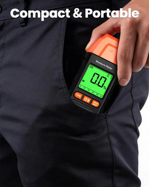Pin Type Wood Moisture Meter For Firewood And Lumber With Drywall And Building Materials Readings, Direct Contact Pins, 0.0 To 58.0 Percent Range, Two Percent Accuracy, Seven Material Modes For Fast DIY And Pro Timber Checks, compact handheld meter in pocket
