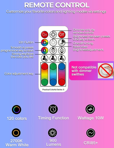 Color Changing LED Bulb With Remote Control, 120 Colors, 900 Lumens, 10W LED, 70W Equiv, RGB Mood Lighting For Your Pad, DIY Strobe Effect, A19 E26 Screw, 2 Pack