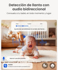 Baby crying on a rug with sound detection interface overlay for outdoor plug in Wi Fi security camera with 5MP HD video and 3x optical zoom