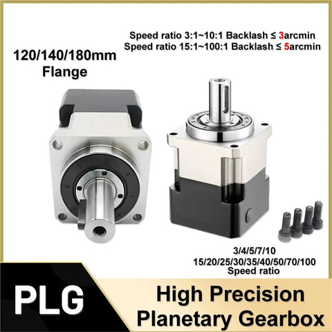 High Precision Planetary Gearbox And Speed Reducer For Servo Motors Featuring Rock Solid Build With Seamless Integration displaying 120/140/180mm flange with dual models.