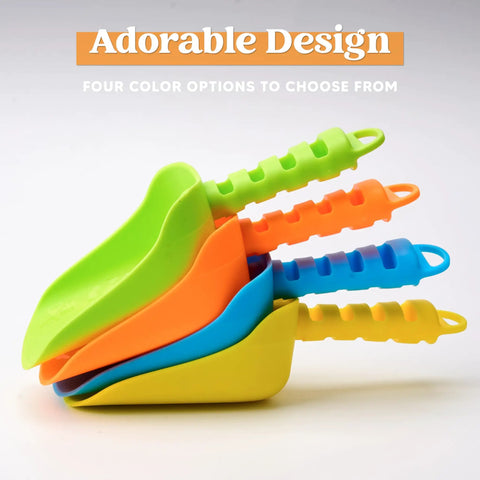 Stacked Colorful Beach Shovels For Kids Set Of 4 Durable Plastic Sandbox Toys shown in green, orange, blue, and yellow.