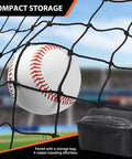 Baseball caught in batting cage netting with rope-bound edges and storage bag. Batting Cage Netting For Backyard Or Garage Use 10x10x35 Ft Or 12x12x55 Ft No Frame Included Baseball And Softball Cage Netting With Rope Bound Edges And Easy Setup For All Skill Levels.
