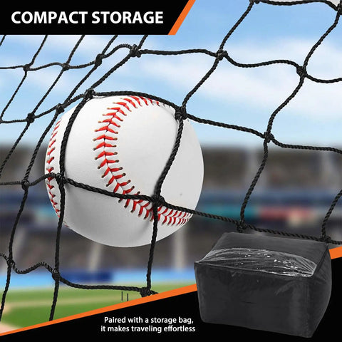 Baseball caught in batting cage netting with rope-bound edges and storage bag. Batting Cage Netting For Backyard Or Garage Use 10x10x35 Ft Or 12x12x55 Ft No Frame Included Baseball And Softball Cage Netting With Rope Bound Edges And Easy Setup For All Skill Levels.