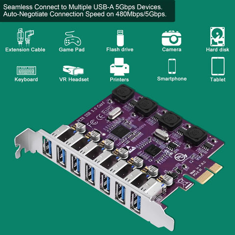 Seven USB Three Point Zero Ports PCIe X1 Expansion Card With Self Powered Technology Delivers Up To 5Gbps For Windows 11 10 8 7 Vista XP Desktop PCs No Extra Power Supply Required Plug And Play, seven-port USB 3.0 expansion card