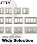 10 Pack Satin Nickel 1 Gang Zinc Alloy Duplex Wall Plate Grand Collection Metal Decorative Receptacle Outlet Cover Durable Solid Build Dope Upgrade For Your Home, various styles displayed.