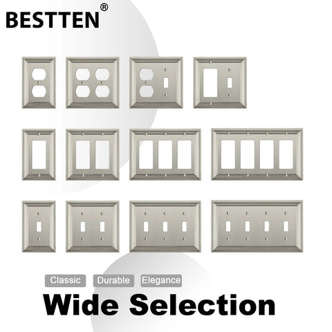10 Pack Satin Nickel 1 Gang Zinc Alloy Duplex Wall Plate Grand Collection Metal Decorative Receptacle Outlet Cover Durable Solid Build Dope Upgrade For Your Home, various styles displayed.