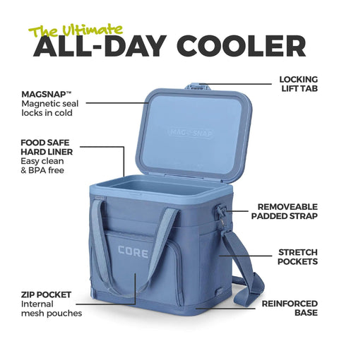 MagSnap Magnetic No Zip Soft Cooler for 24 Cans With Insulated Hard Liner Ice Chest shown with open magnetic lid, features labeled