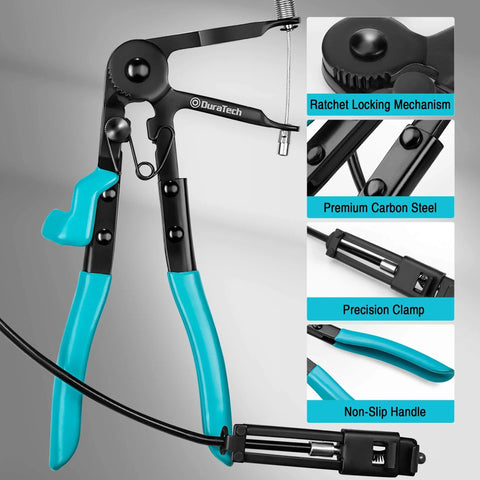 Long Reach Hose Clamp Pliers 27 Inch Flexible Radiator Clamp Tool With Ratchet Locking Mechanisms, blue handles, precision clamp