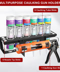 Kick Mess To The Curb With This Built Tough Caulk Tube Holder Wall Mount Rack For Garage Workshop And Work Van To Store Six Tubes And Grease Cartridges For Real Deal DIY Guys And Pro Tradesmen. Image of a black wall-mounted caulk tube holder with six colorful tubes and one caulking gun.