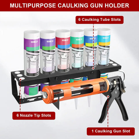 Kick Mess To The Curb With This Built Tough Caulk Tube Holder Wall Mount Rack For Garage Workshop And Work Van To Store Six Tubes And Grease Cartridges For Real Deal DIY Guys And Pro Tradesmen. Image of a black wall-mounted caulk tube holder with six colorful tubes and one caulking gun.