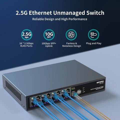 18 Port 2.5G Ethernet Switch With 2x 10G SFP Plus Uplinks Unmanaged No-Fuss Plug and Play Network Switch with cables connected