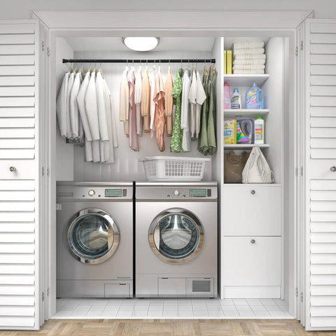 Adjustable Tension Curtain Rods 28 To 48 Inches No Drill Install Black Expandable Spring Rod For Windows Closet And Doorways Holds Heavy Drapes Securely Easy Fit Pressure Mount Design in laundry closet holding clothes above washer dryer