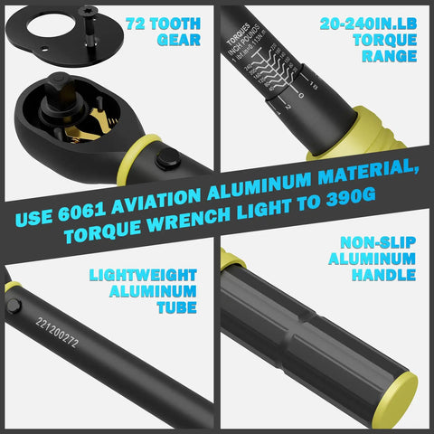 Digital Torque Adapter Half Inch With 20 To 240 Inlb Range Plus Minus Two Percent Accuracy Buzzer And LED Flash Alerts Wrench Converter Set Lightweight Aluminum Build For Motorcycle And Car Repair, showcasing gears, torque range, lightweight tube, and handle features.