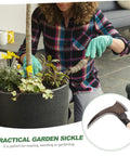 Portable Manganese Sickle For Garden Weeding And Harvesting With Ergonomic Handle used by person for weeding in flower pot