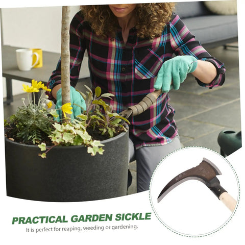 Portable Manganese Sickle For Garden Weeding And Harvesting With Ergonomic Handle used by person for weeding in flower pot