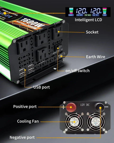 Weekend Warrior Pure Sine Wave Power Inverter That Converts 12V Dc To 120V Ac Output with multiple outlets and USB ports.