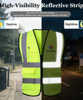 Heavy Duty Custom Safety Vest With Bold High Viz Reflective Striping For Crew Branding And Site Ready Performance Personalized Logo Breathable Mesh Work Gear Built Tough For Day One Crews displayed in daylight and nighttime settings.
