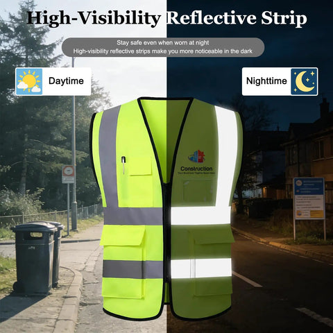 Heavy Duty Custom Safety Vest With Bold High Viz Reflective Striping For Crew Branding And Site Ready Performance Personalized Logo Breathable Mesh Work Gear Built Tough For Day One Crews displayed in daylight and nighttime settings.