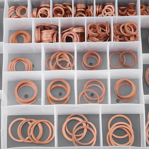 Must Have 570 Pcs Copper Flat Washers Set With Plastic Storage Box, 30 Sizes Crush Washers For Oil Drain Plugs And Gaskets, Automotive And Machinery Seals, Leak Proof Fit For Plumbing, assorted copper washers in compartments