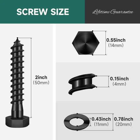 Beefy Heavy Duty Three Eighths Inch By Two Inch Lag Screws For Wood With Washers 304 Stainless Steel Hex Head Bolts Partial Thread Black Oxide Finish Rugged Build 10 Set Pack EastPUK dimensions illustration