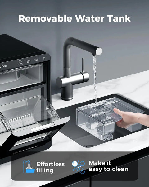 Removable water tank from Chewable Nugget Ice Maker Countertop 44 Lbs Per Day Pebble Sonic Ice Machine shown being filled