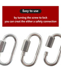 Three carbon steel chain quick links shown in open, closed, and locked positions with text on usage instructions