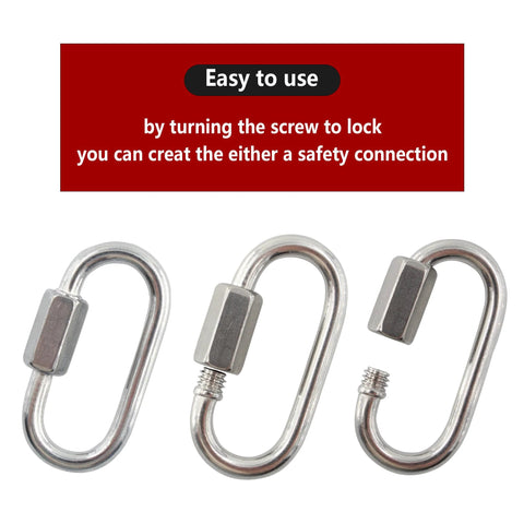 Three carbon steel chain quick links shown in open, closed, and locked positions with text on usage instructions