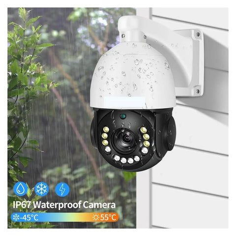 Top Notch 4K Ip Ptz Security Camera With 30X Optical Zoom Crisp Night Vision mounted outdoors monitoring with rain protection.