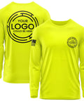 Premium Custom Men Long Sleeve Work Shirt Built Different Heavy Duty Hi Vis Safety Apparel Company Uniform Logo Print, bright yellow.
