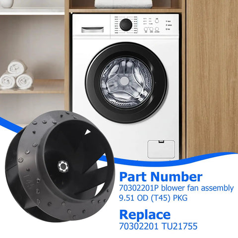 Blower Fan Assembly Replacement For Dryers 9.51 OD T45 with dryer in background, easy installation display