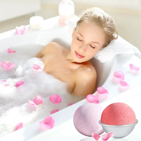 Woman relaxing in a bubble bath with pink rose petals, featuring bath bombs from the 200 Pack 6x6 Inch Shrink Wrap Bags set