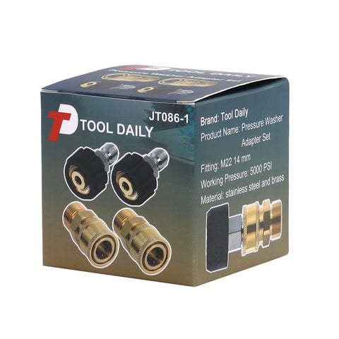 Tool Daily pressure washer adapter set, 4-piece M22 14mm to M22 fittings, stainless steel and brass, 5000 PSI