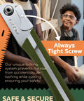Foldable Camp Saw With 11.4 Inch SK5 Steel Blade, One-Hand Operation, Secure Lock, Ergonomic Handle, safety features displayed.