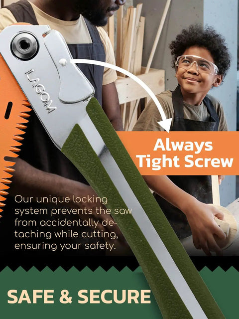 Foldable Camp Saw With 11.4 Inch SK5 Steel Blade, One-Hand Operation, Secure Lock, Ergonomic Handle, safety features displayed.
